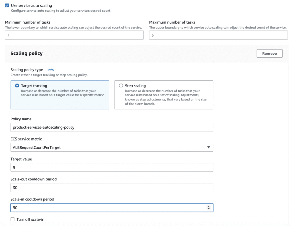 AWS ECS Fargate deployment configuration screen showing auto-scaling setup