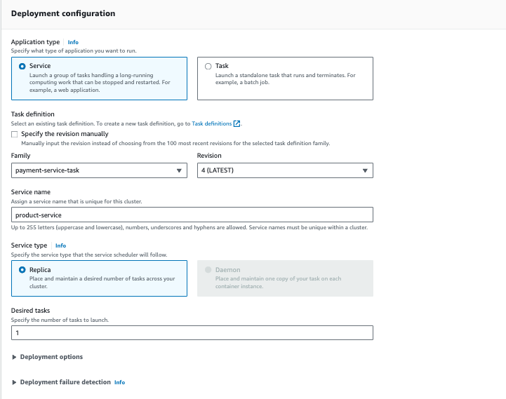 AWS ECS Fargate deployment configuration screen showing deployment configuration setup