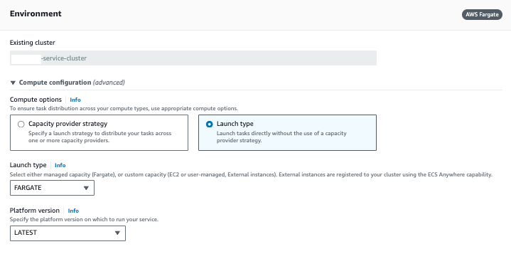 AWS ECS Fargate deployment configuration screen showing ECS service setup