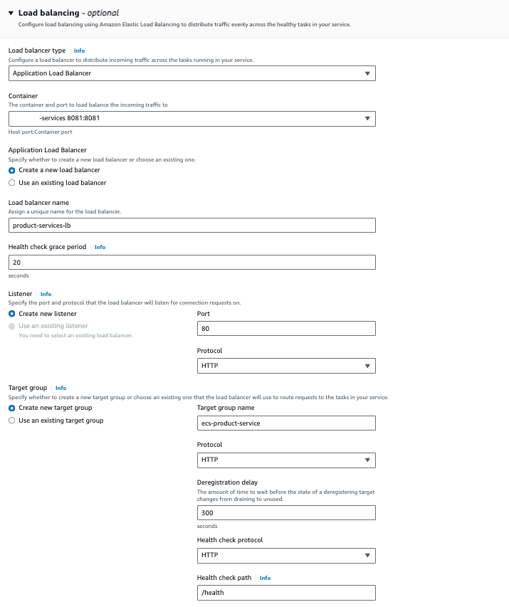 AWS ECS Fargate deployment configuration screen showing load balancer setup