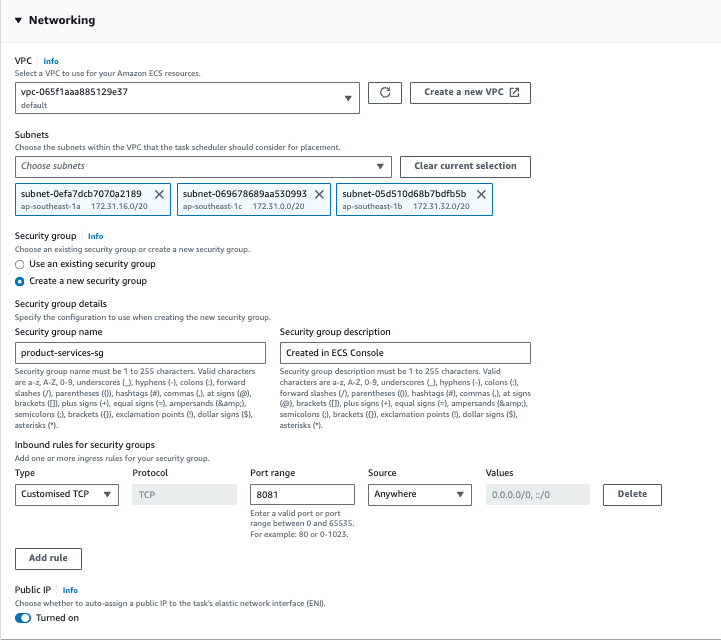 AWS ECS Fargate deployment configuration screen showing networking setup