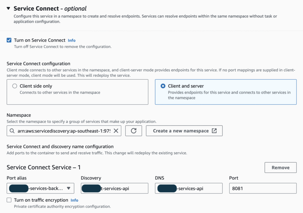 AWS ECS Fargate deployment configuration screen showing service connect setup