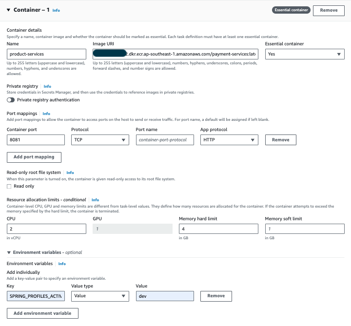 AWS ECS Fargate deployment configuration screen showing task definition setup